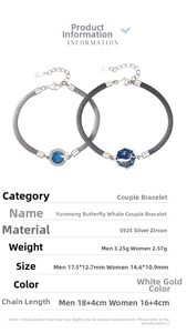 Macro detail of S925 sterling silver whale and butterfly couple bracelets with size specs