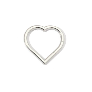 Close-up of heart-shaped stainless steel spring gate ring with polished silver finish