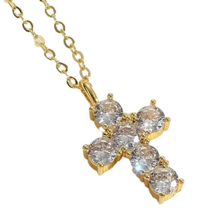 14K gold plated necklace with a sparkling cubic zirconia cross pendant on thin chain