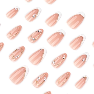 3D French almond press-on nails with white tips, pearls, and sparkling silver rhinestones