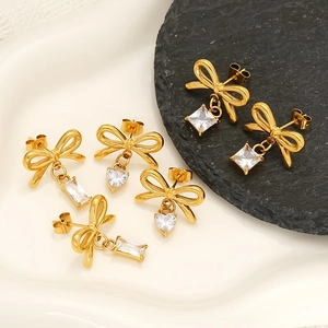 Boucles D'oreilles À Poussoir Noeud Doré Or 18K Acier Inoxydable 304 Pendants Zircon Géométriques Étanche Pour Femmes