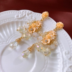 Vintage floral tassel earrings with orange petals and zircon teardrop charms