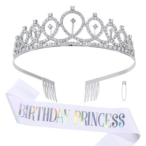 Silver rhinestone birthday crown and white Birthday Princess sash set for party