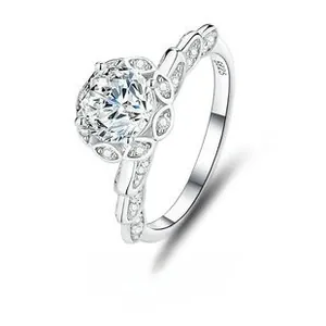 Detailed macro view of S925 sterling silver crown ring with round Moissanite stone