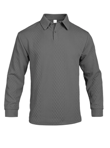 Close-up of dark grey long sleeve polo shirt with diamond waffle jacquard texture