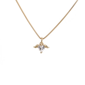Golden box chain necklace featuring a heart-shaped zircon pendant with angelic wings