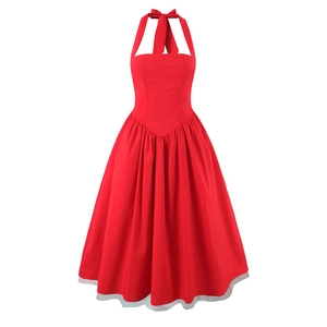 Retro red halter neck A-line dress with puffy mesh skirt and white hem detail