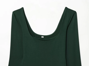 Detailed close-up of dark green square neck bodysuit showing size S label and ribbed knit fabric