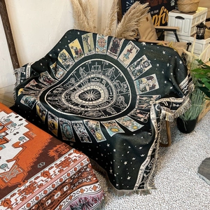 Bohemian tarot zodiac green cotton throw blanket with fringe for outdoor camping and sofa