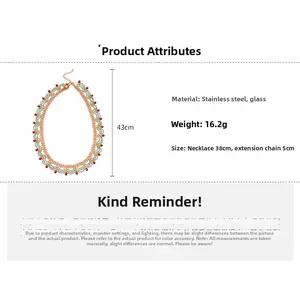 Detail view of colorful crystal beaded necklace with stainless steel lobster clasp closure