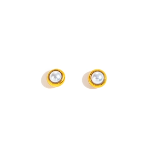 Close-up of elegant gold-rimmed white pearl stud earrings on a clean white background