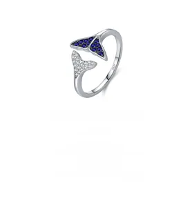 Detailed close-up of S925 sterling silver mermaid tail ring with blue and clear zircon