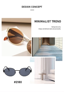 Detailed magazine-style layout showing model #2180 oval metal frame sunglasses in warm tones