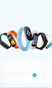 Detail view of M7 smart bracelet showing various color straps and health monitoring UI