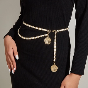 Chaîne de taille dorée avec ruban blanc tissé et doubles pendentifs de rose