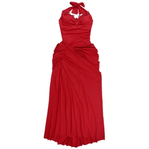Detail of red halter dress neckline featuring elegant lace trim and a delicate bow knot