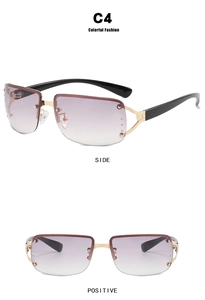 Detail of Y2K rimless sunglasses with purple gradient lenses and sparkling rhinestones