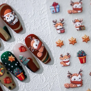 3D Christmas reindeer and tree embossed nail art stickers with festive cartoon patterns