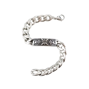 Silver retro hip-hop chain bracelet with embossed star square plate on white background