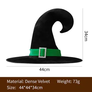 Detail view of black velvet witch hat with green ribbon and size chart dimensions