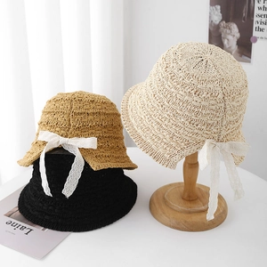 Lace bow knit bucket hat for women in beige khaki and black colors for summer sun protection