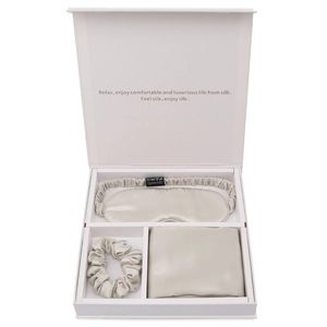 Silver grey 100% mulberry silk set with eye mask, scrunchie and pillowcase in gift box