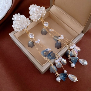 Vintage French pearl tassel earrings with gold chains and lily of the valley floral charms