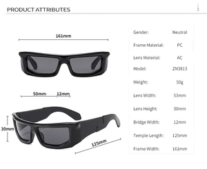 Detailed size chart for square cyberpunk sunglasses with precise frame measurements