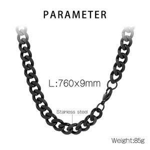 Technical data of 760mm black stainless steel Cuban chain with 9mm width and lobster clasp