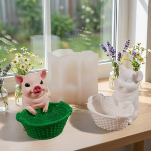 Creative pig holding basket silicone mold with finished resin flowerpot samples