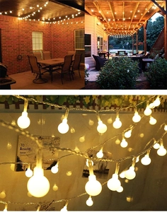 Detail of warm white LED G50 globe string lights for festive outdoor garden decoration