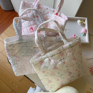 Quilted floral cotton tote bags with three patterns and simple wish woven label