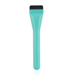 Macro shot of ultra-thin flat foundation brush bristles with lake blue handle
