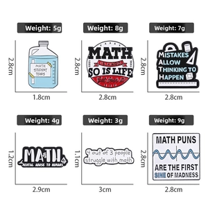 Detailed view of humor Math enamel pins set with measurements and weights in grams