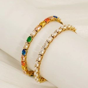 Bracciale Tennis In Acciaio Inossidabile Placcato Oro 18K Zirconia Cubica Ovale Colorato Gioielli Eleganti Per Donna