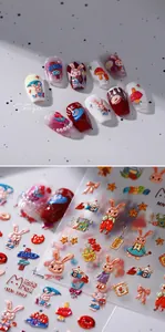 Macro detail of 3D embossed nail stickers featuring cute rabbits and mushroom motifs