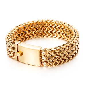 Polished gold-tone stainless steel wide woven link bracelet with rectangular box clasp