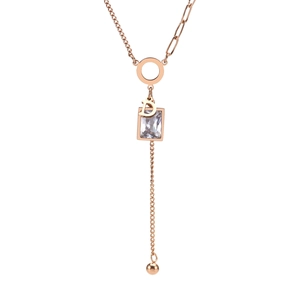Rose gold titanium necklace featuring emerald-cut zircon and D pendant on white background