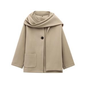 Oatmeal wool blend jacket with integrated scarf and contrast button on white background
