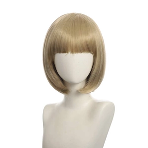 Short blonde bob wig with bangs on a mannequin head, realistic hair texture and natural shine