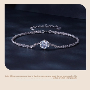 Close-up of S925 sterling silver chain with brilliant round moissanite in six-prong setting