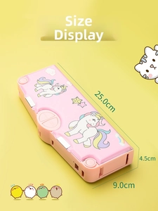 Pink double-layer pencil case with unicorn patterns and size dimensions on yellow background