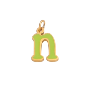 Detail of lowercase letter n pendant in golden metal with bright green enamel finish