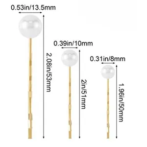 Detailed size chart for pearl hair clips showing diameters of 13.5mm, 10mm, and 8mm