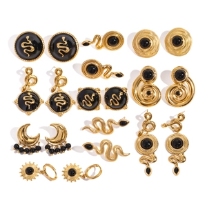 Vintage gold stainless steel earrings set featuring black agate moon and snake designs