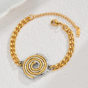 Two-tone stainless steel jewelry set with spiral disc pendant on flat ring chain