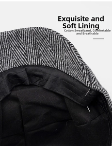Close-up of herringbone newsboy hat featuring soft inner lining and cotton sweatband