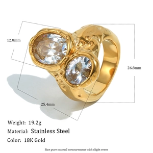 18K gold plated stainless steel double zircon ring with textured hammer finish