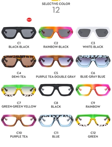 Matrix view of chunky frame sunglasses in 12 assorted gradient and solid colors