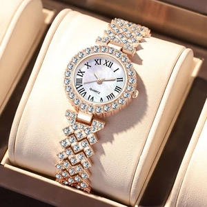 Women Quartz Watch Luxury Rhinestone Metal Bracelet Roman Numerals Elegant Fashion Wristwatch